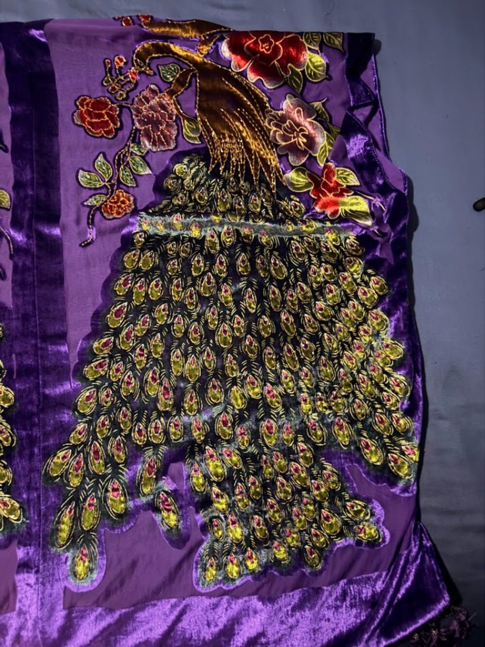 Purple Peacock Embroidered Kimono Duster Fringe Boho - Picture 9 of 11